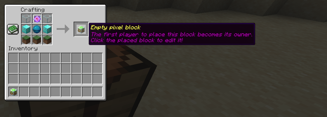 Crafting recipe: glass, end crystal and glass on top, diamond block, heart of the sea and diamond block in the middle, grass blocks at the bottom